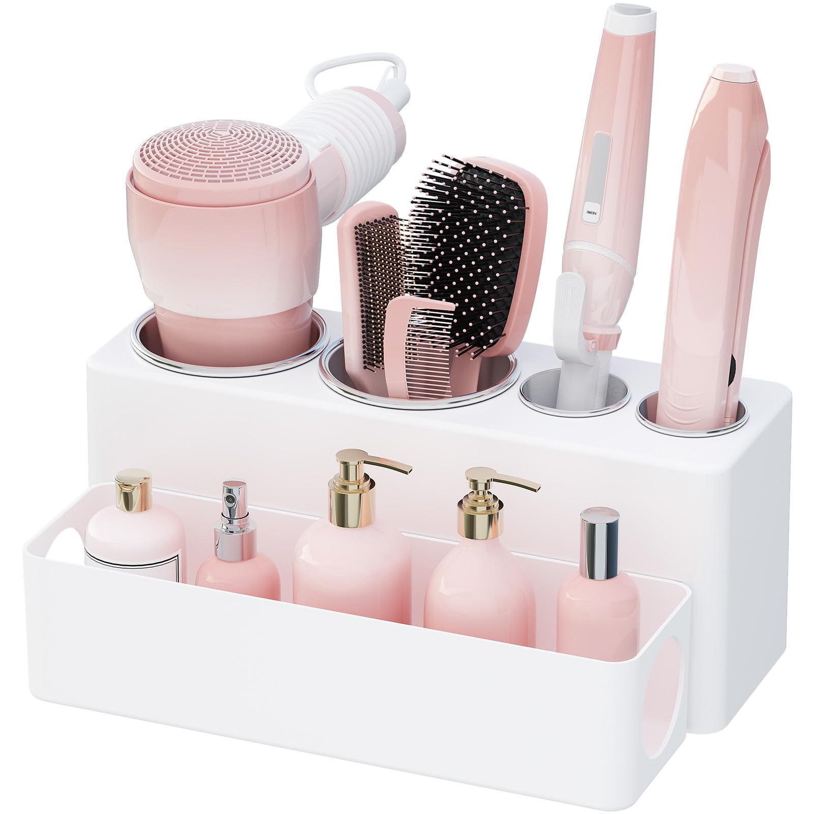 Lifewit Hair Tool Organizer Countertop, Removable Blow Dryer Holder for Bathroom, Acrylic Hot Tools Organizer Storage for Curling Iron, Brush, Straightener, 4 Stainless Cups, White, 30 cm/12 inch(L) Image