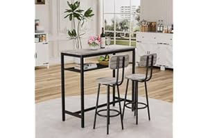 JIJIWANG 3 Piece Bar Table Set, Bar Table and Chairs Set of 2 with Metal Frame and Storage Rack, Modern Counter Height Table with 2 Stools for Kitchen, Dining Room, Living Room, Wood Top, Grey