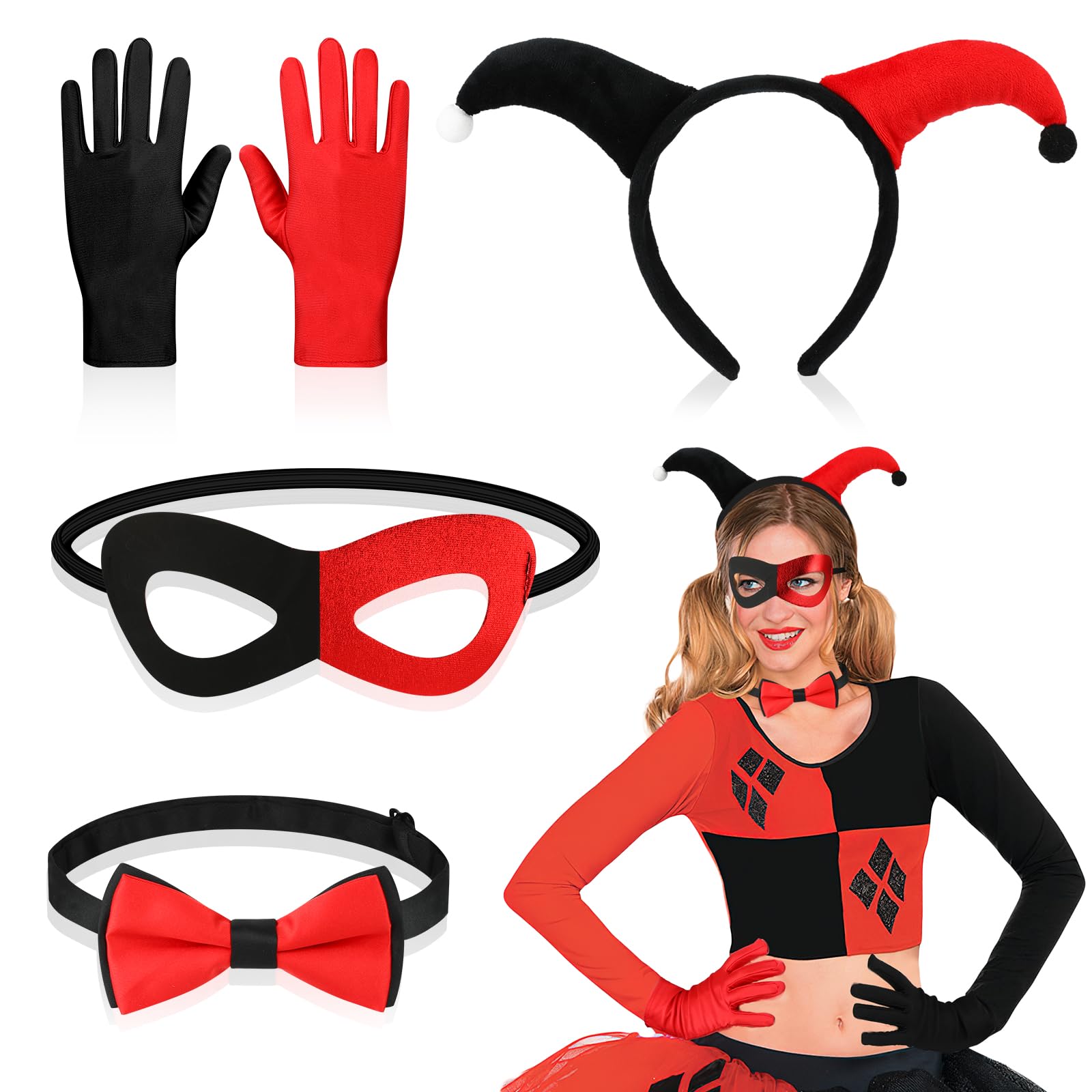 Quinn Jester Costume Accessories for Women & Kids - 5PCS Black & Red Halloween Clown Headband, Eye Mask, Bow Tie, Gloves