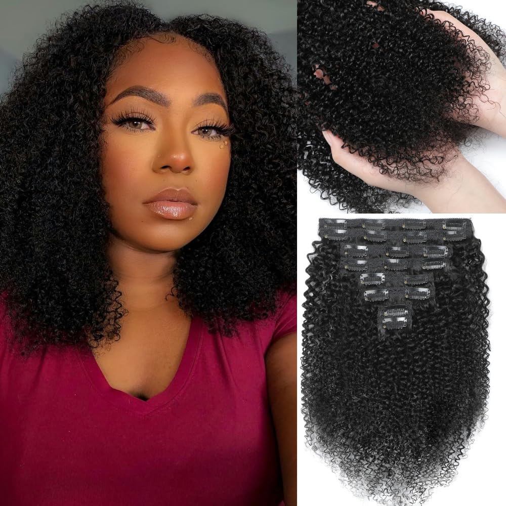 YDDM Kinky Curly Clip ins Real Human Hair Clip in Hair Extensions for Black Woman Full Head Brazilian Virgin Human Hair Natural Black Double Weft Clip ins 18 Inch 120g 8pcs 20Clips