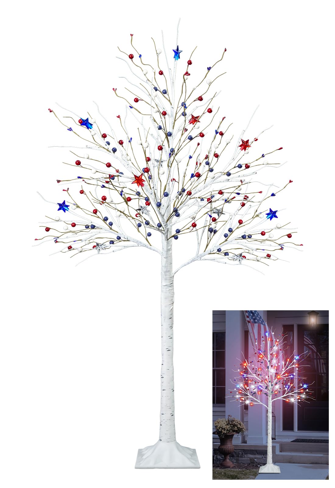 Photo 1 of Ruidazon 4FT 4th of July Decoration, Lighted Patriotic Tree with 48 LED Red White Blue Star Lights Artificial Birch Tree for Indoor Party Flag Day Independence Day Decor