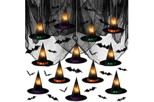 VABAMNA Halloween Hanging Witch Hats Decorations - 12PCS Black Witch Hats with Lights DIY Floating Witch Hats with 28PCS 3D Bats and Creepy Cloth for Halloween Porch Tree Party Decorations