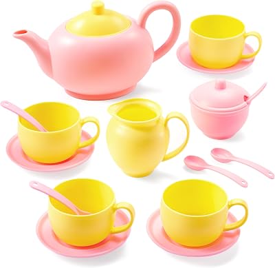 JOYIN Pretend Play Tea Party Set Pink Yellow BPA Free Plastic 18-Piece
