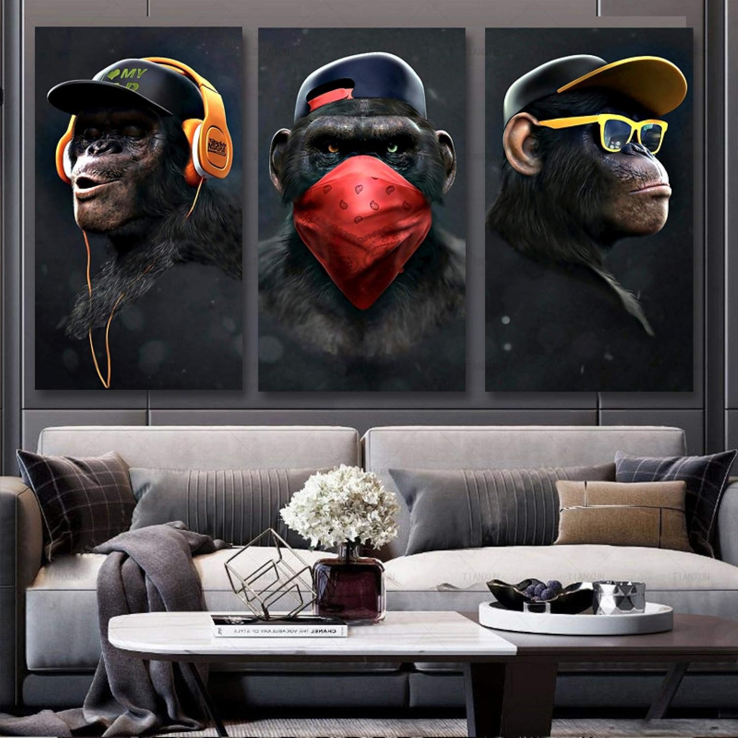 YIYAOFBH Three Monkeys Canvas Painting Prints Animals Do not listen No Speak No See Monkeys