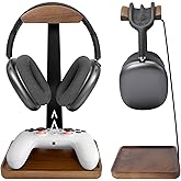 GEVO Walnut Headphone Stand, Wood Headset Stand for Desk, Universal Headphone Holder Gaming Headset Rack with Storage Base Compatible for AirPods Max, Bose, Razer, Sennheiser, Jabra, JBL, AKG