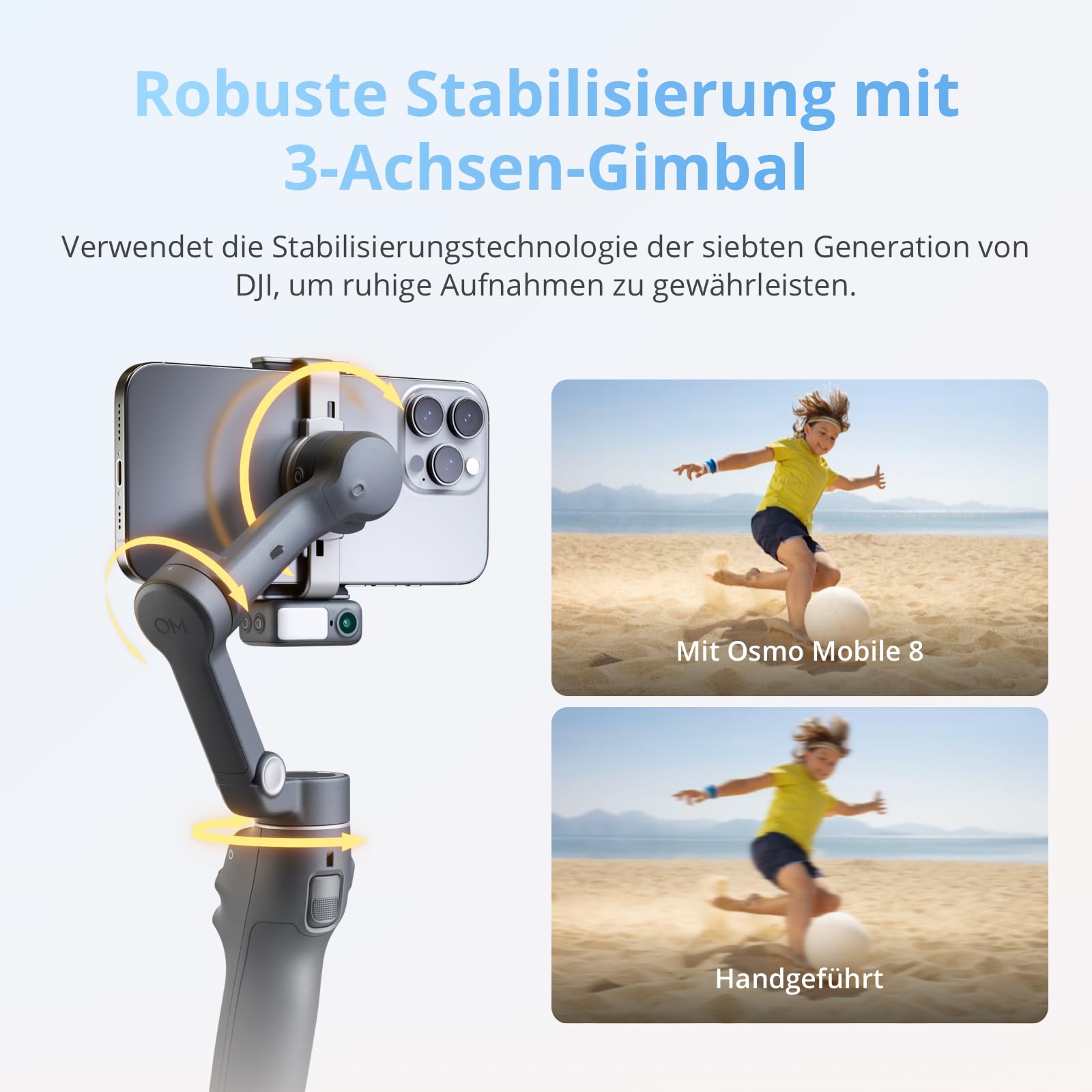 DJI Osmo Mobile 8 Advanced Tracking Combo Gimbal-Stabilisator für Smartphones, Natives AI-Tracking mit Audio und Beleuchtung, 360°-Schwenkrotation, Verlängerungsstab & Stativ integriert, 10 Std. Akku 7