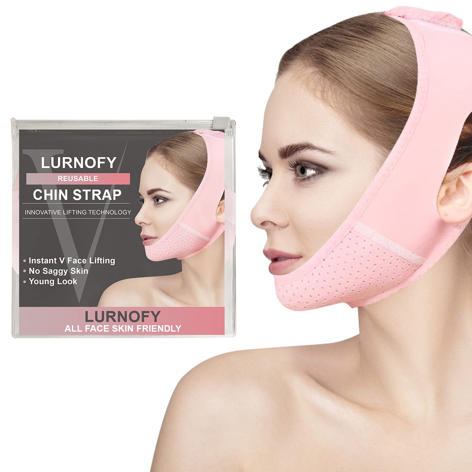 LURNOFY Reusable Double Chin Reducer Remover, V Line Face Lifting Mask Chin Strap for Women, Face Slimmer for Beauty and Saggy Face Skin (Pink)
