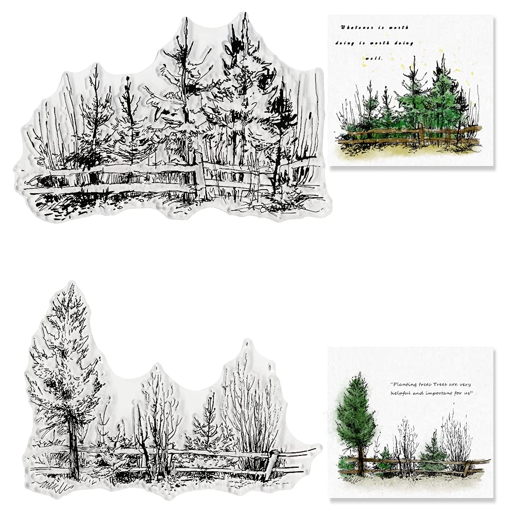 Photo 1 of 2 PCS Tree Fence Scenery Clear Stamps for Card Making and Photo Album Decorations, Landscape Transparent Rubber Stamps Seal for DIY Scrapbooking