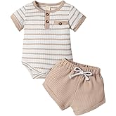 Gobuuly Newborn Baby Boy Summer Clothes Striped Waffle Short Sleeve Romper and Shorts Set Infant Knit Outfit