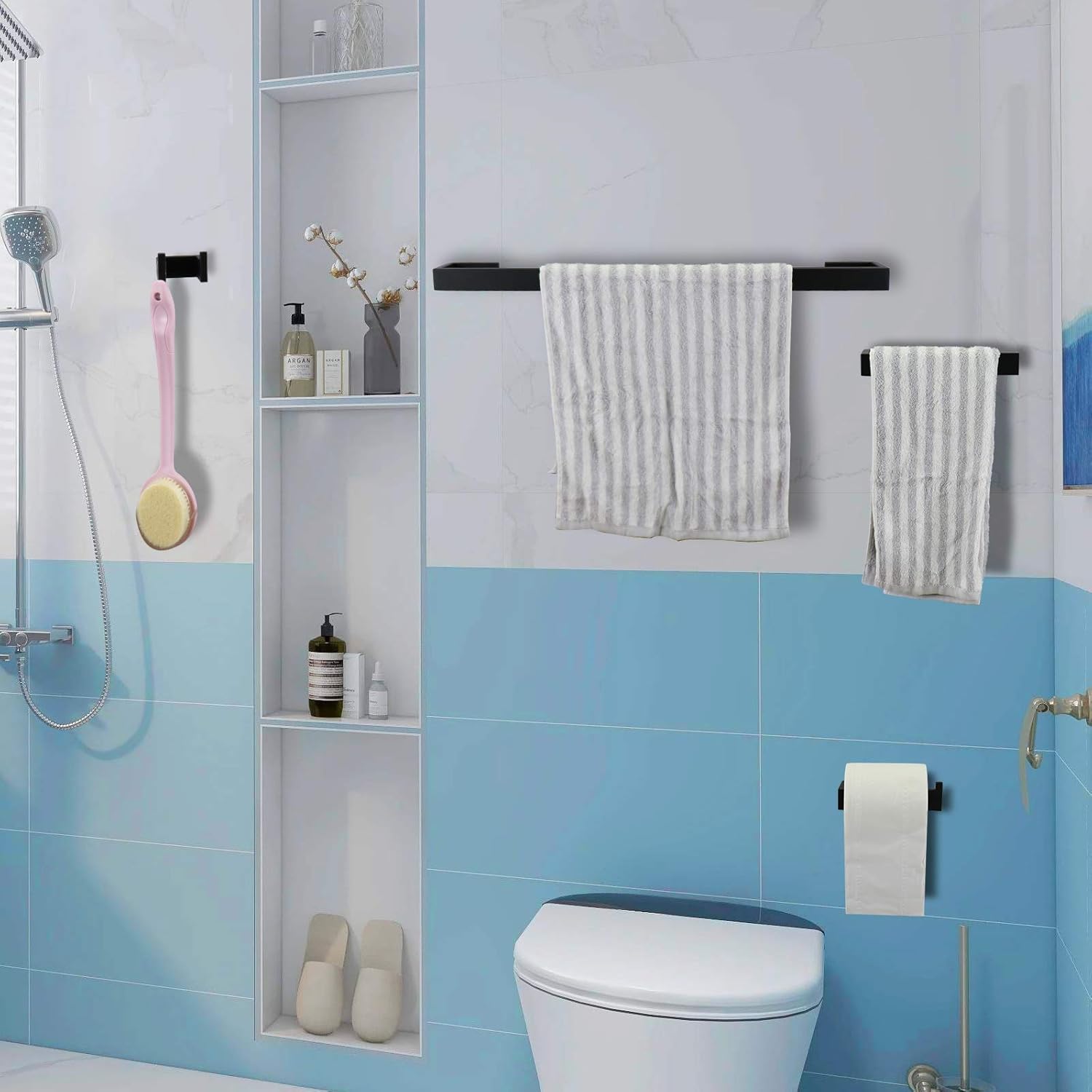 4-Pieces Bathroom Accessories Set Stainless Steel Towel Bar Set Includes 24" Bath Towel Bar & Hand Towel Rack & Toilet Paper Holder & Robe Towel Hooks (Matte Black, 24 inches): Home & Kitchen