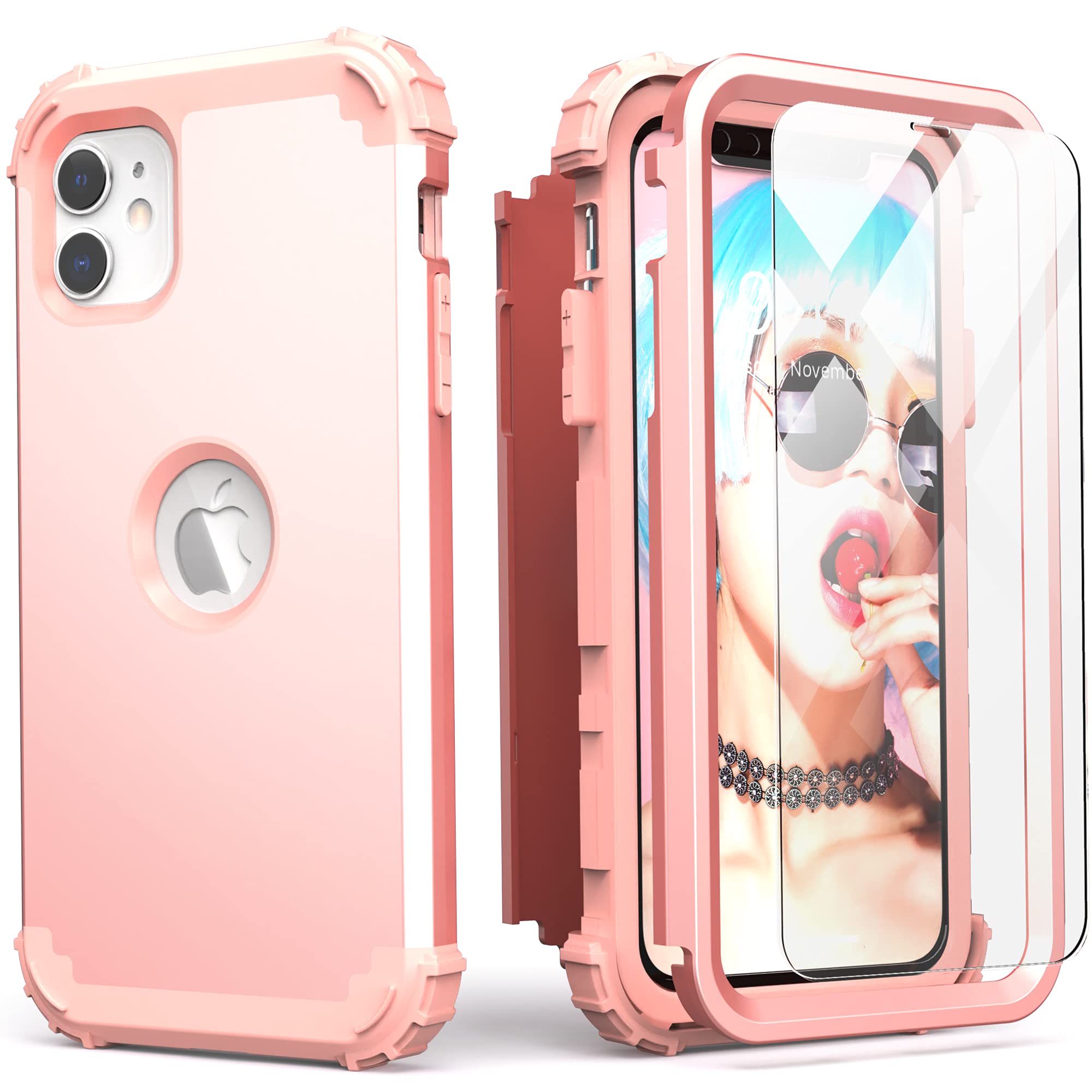 IDweel for iPhone 11 Case with Screen Protector(Tempered Glass), Hybrid 3 in 1 Shockproof Slim Fit Heavy Duty Protection Hard PC Cover Soft Silicone Bumper Full Body Case,Rose Gold