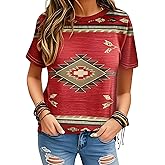 Women's Southwest Tribe Printed T-Shirt Boho Style Casual Round Neck Top Aztec Geometric Bull Head Pattern Shirt