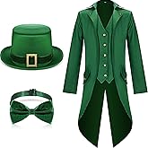 Geyoga St Patrick's Day Outfit Leprechaun Costumes Halloween Green Steampunk Tailcoat with Leprechaun Hat Bow Tie(X-Large)