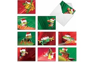 The Best Card Company - 10 Blank Animal Christmas Note Cards - Assorted Bulk Holiday Cards for Kids, Fun Wildlife (4 x 5.12 Inch) - Yule Frogs M1754XB