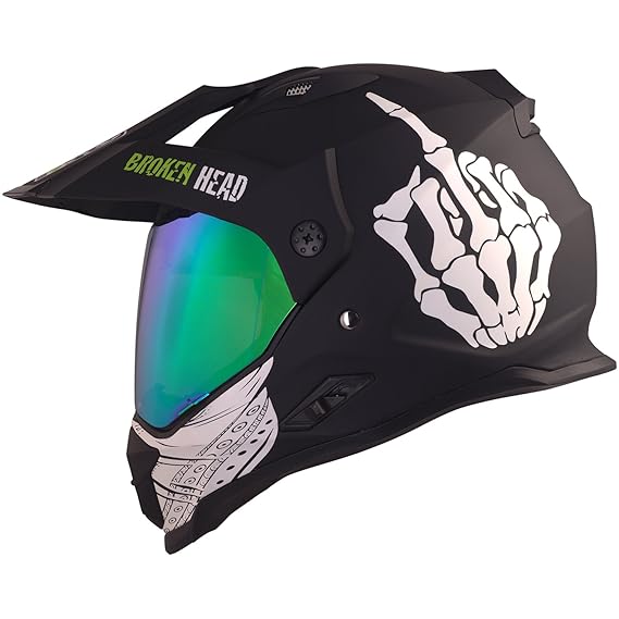 Broken Head Street Rebel grün Cross-Helm Set mit grün verspiegeltem Visier | Enduro-Helm - MX Motocross Helm mit Sonnenblende