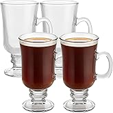 PARNOO Irish Coffee Mugs - 8 oz with Handle & Footed Stem Base - Clear Glasses for Tea, Coffee & Hot Chocolate, Heavy Duty Set of 4