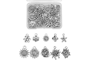 DanLingJewelry 50 pcs Tibetan Style Alloy Flower Pendants Antique Silver Sunflower Rose Edelweiss Charms for DIY Jewelry Making