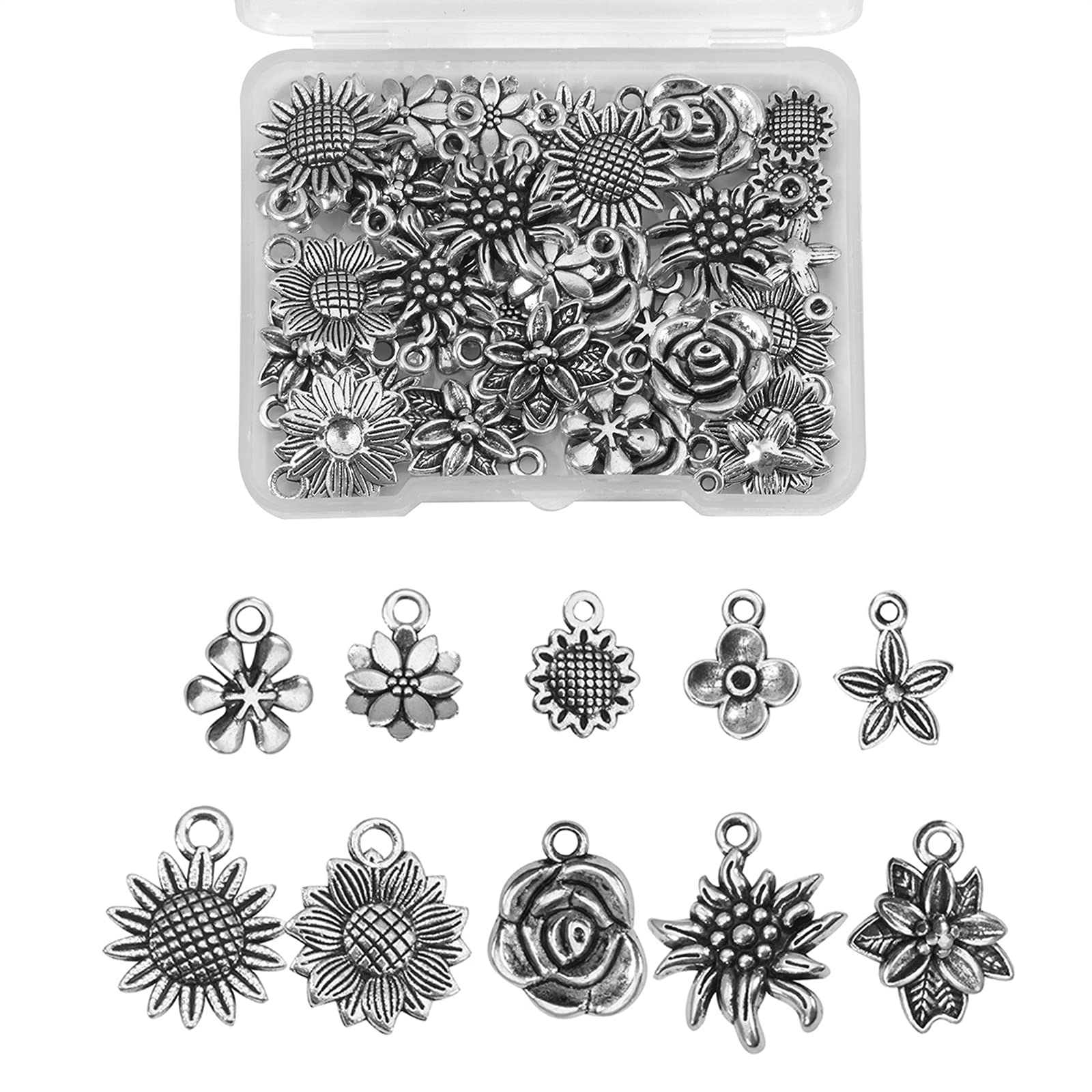 DanLingJewelry 50Pcs Flower Charms Antique Silver Sunflower Rose Edelweiss Charms for DIY Jewellery Making