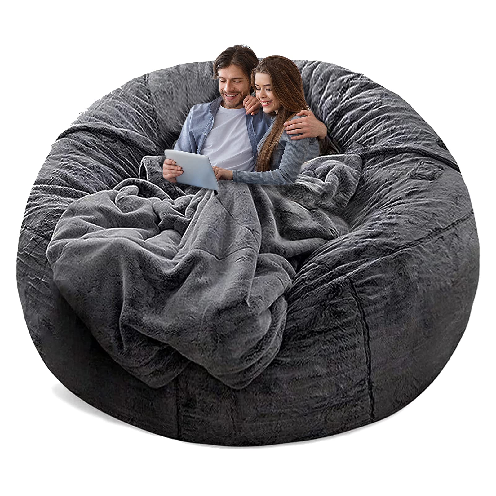Photo 1 of YudouTech (No Filler) Bean Bag Chair Cover Without Filler,Big Round Soft Fluffy PV Velvet Washable Bean Bag Lazy Sofa Bed Cover for Adults,Living Room Bedroom Furniture Outside,5ft Dark Grey