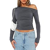 Darong Women's Casual Long Sleeve Boat Neck Off Shoulder Slim Fit Crop Top Going Out Blouses Y2K Tight Shirts