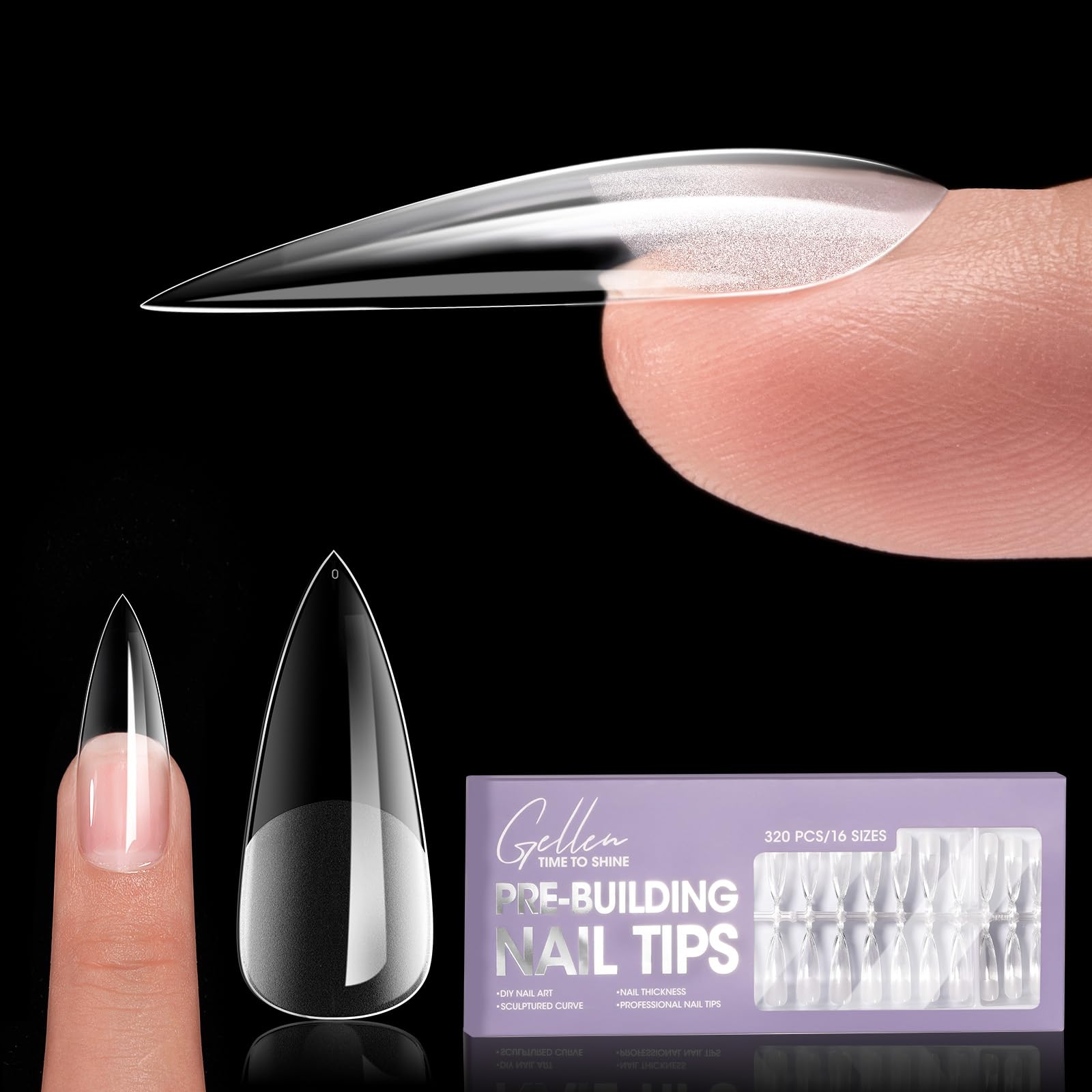 Photo 1 of Gellen Long Almond Tipex Nail Tips, 320pcs Instant Apex Nail Tips, 16 Sizes Pre-builder Gel Tips Long Stiletto Almond Strong Full Cover False Nail Tips Gel Extension Tips for Flat Nails