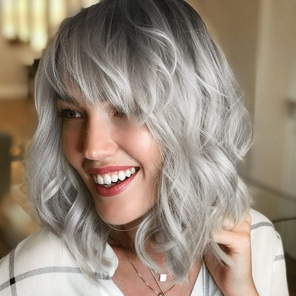 Yamel Wavy Bob Wig with Bangs Dark Root Ombre Silver Wig Synthetic Hair Shoulder Length Short Curly Wigs for Women