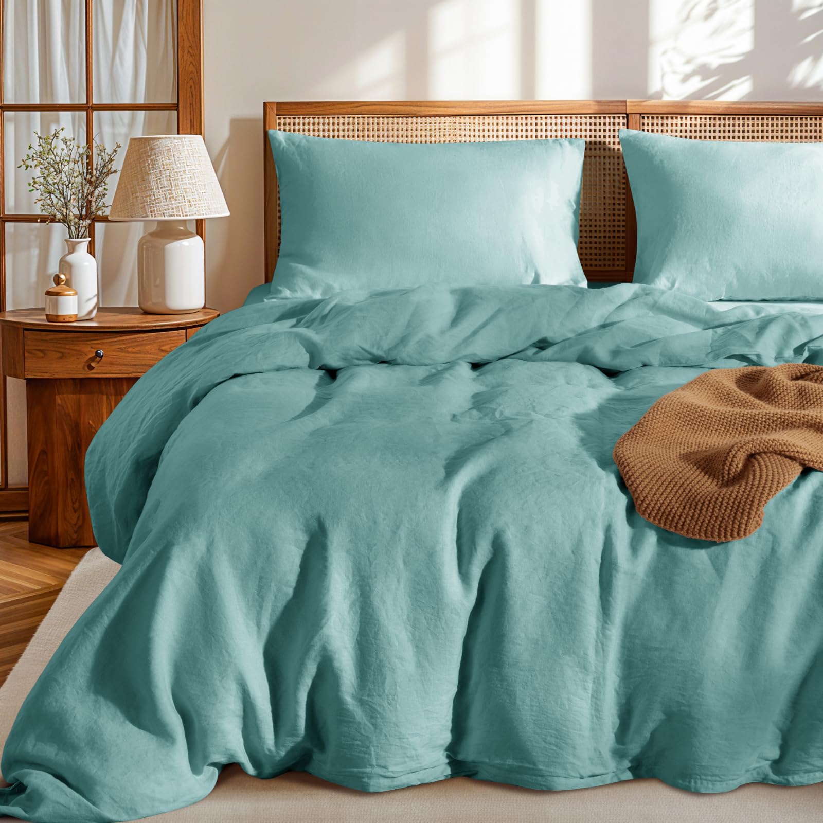 Photo 1 of LBRO2M 100% France Linen Duvet Cover Set 3 Pcs Natural Flax Duvet Cover Set 2 Pillowcase 1 Duvet Cover with Zipper (Aqua Queen)