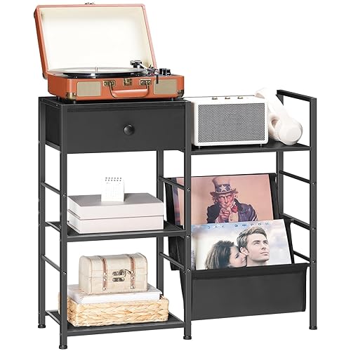 HOOBRO 4-Tier AV Media Stand with Drawer, Stereo Cabinet, Media Console, Stereo Stand, Video Game Console Shelf, Record Cabinet, Entertainment Center Device Stand, Black BB75CJ01