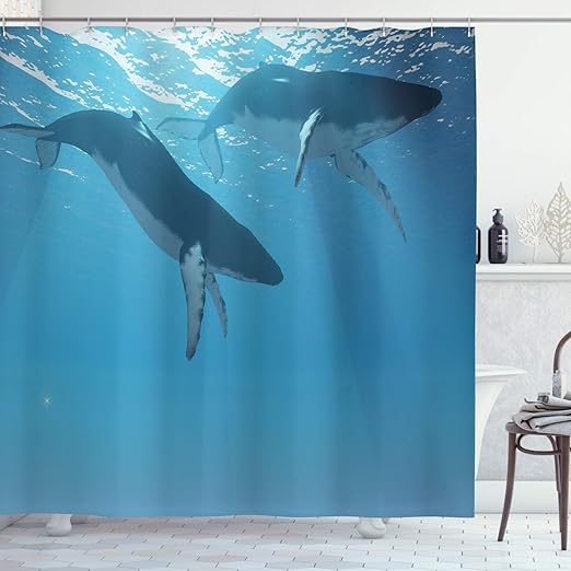 Amazon Com Ambesonne Ocean Shower Curtain 2 Humpback Whales Swimming Near The Ocean Surface In The Rays From The Sun Image Cloth Fabric Bathroom Decor Set With Hooks 70 Long Pale Blue Home