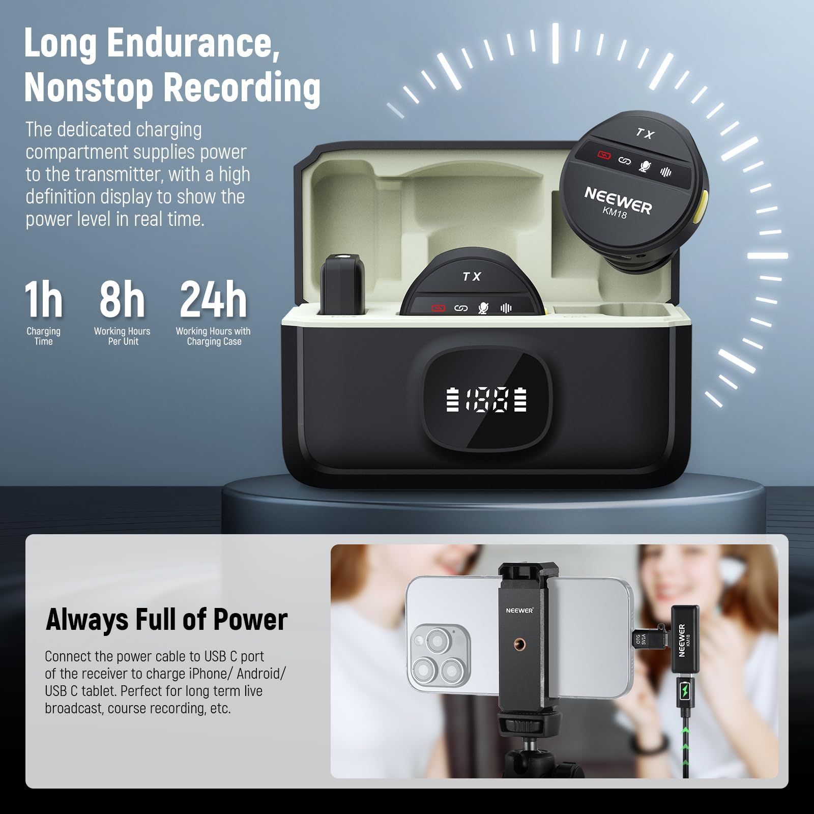 NEEWER Wireless Lavalier Microphone System Compatible with iPhone Android Phone PC Laptop Computer, Noise Cancelling Mini Lapel Mic Set with USB C OTG Charging Case 24H Battery 200m Long Range, KM18