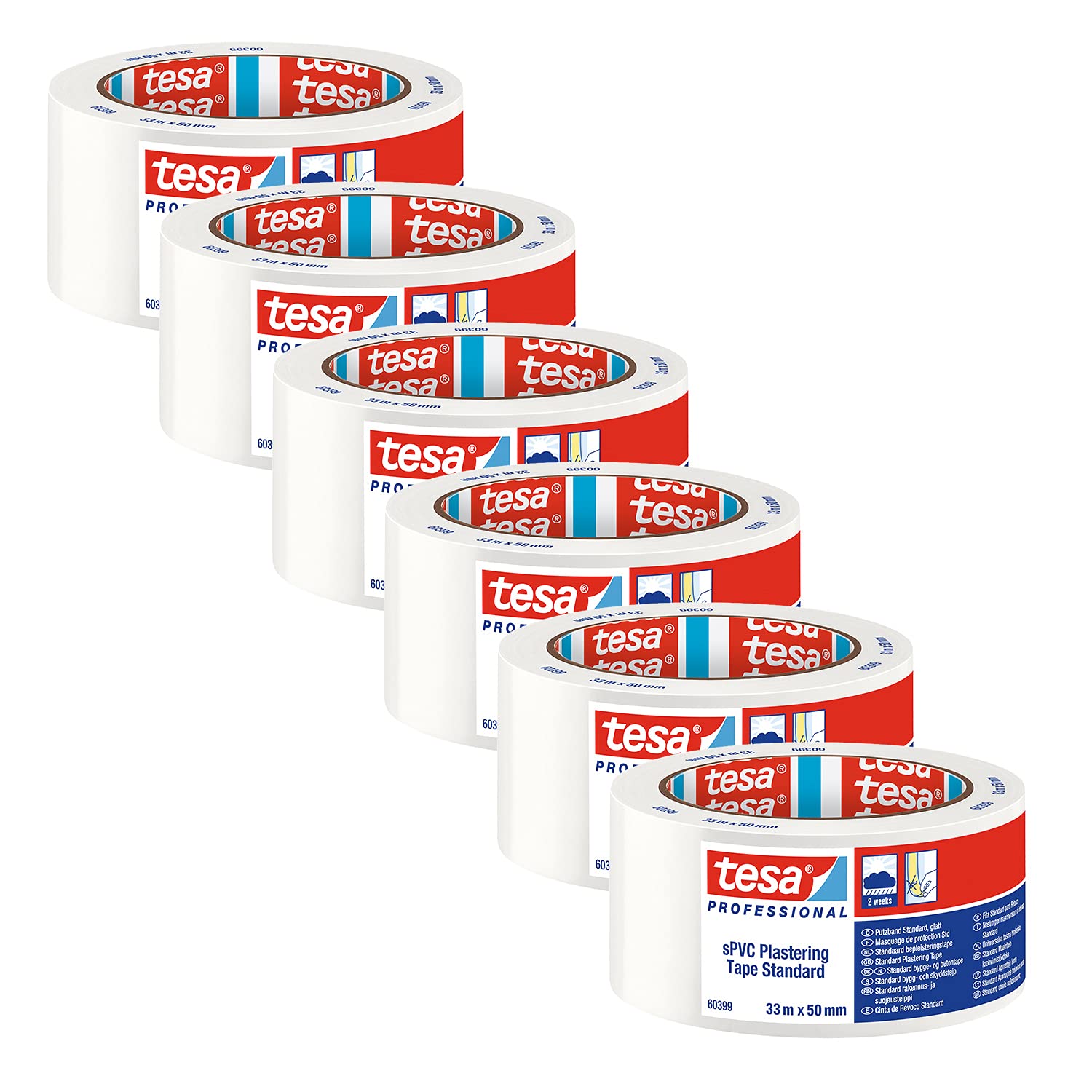 tesa PVC Plaster Tape Standard 60399 Smooth Masking Tape for Plaster and Painting Work - for Masking and Covering - White - 33 m x 50 mm - Pack of 6
