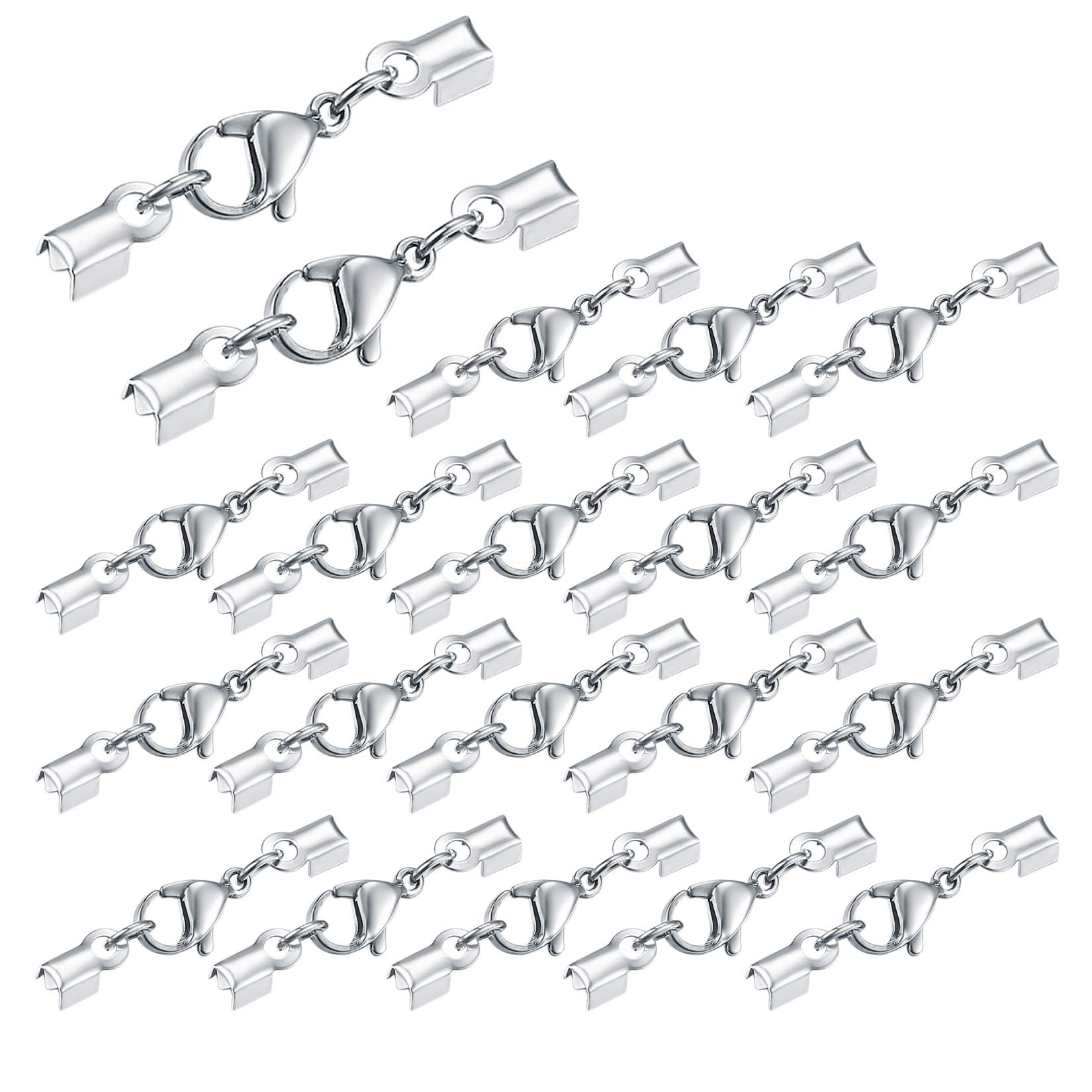 20 Pcs Lobster Claw Clasps with Cord Ends, Stainless Steel Necklace Jewellry Making Lobster Clasps, Lobster Caps Connector for Necklace, Bracelet, DIY Craft Jewellery Making - Silver/32 * 4 mm