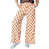 Acelitt Womens Casual Checkered Pants Elastic Waist Comfy Loose Wide Leg Pants with Pockets