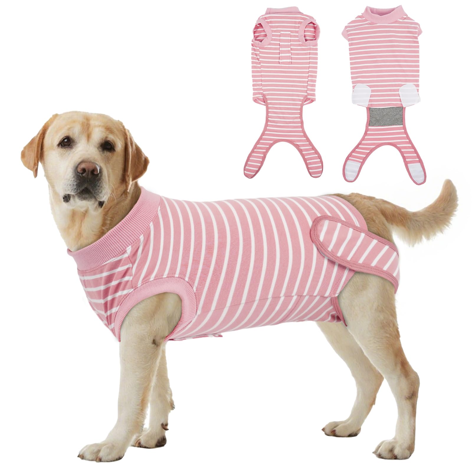 Dog Surgery Recovery Suit - Cotton Dogs Surgery Suit with Belly Pocket, Post Spay Dog Suits Fastening at Back End, Wound Protection Clothing After OP Body for German Shepherd, Boxer, Pink Stripe XXL