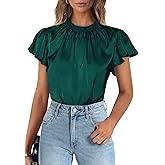 PRETTYGARDEN Business Casual Tops for Women Blouses Dressy 2026 Summer Short Sleeve Ruffle Satin Work Office Attire