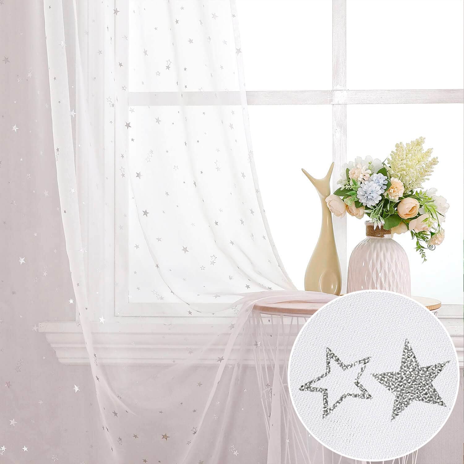 Photo 1 of WUBODTI Kids Room Star Curtains White Semi Sheer Voile Drapes Set of 2 Panels, Rod Pocket Cute Starry Gauze Window Curtain Home Decor Tulle Drapery for Living Room Bedroom Nursery 63 Inches Long