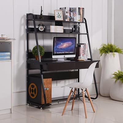 Emall Life Multi-Functional Computer Desk with Bookshelf and Drawers Home Office PC Laptop Study Table White Shelf and Light Walnut