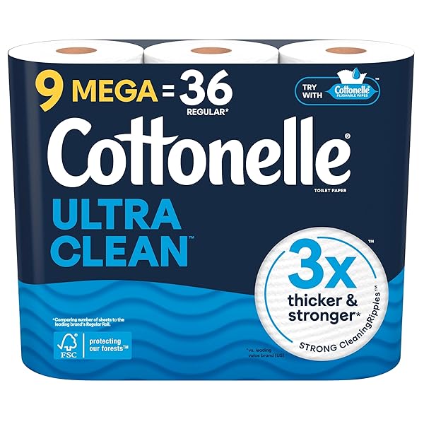 COTTONELLE ULTRA CLEAN TOILET PAPER, 9 MEGA ROLLS = 36 REGULAR ROLLS, PACKAGING MAY VARY