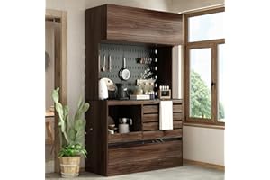 AIEGLE Kitchen Hutch Pantry Cabinet Set with Pegboard, Large Storage Cupboard Pantry with Marble Texture Tabletop, 10 Drawers & Microwave Shelf, Kitchen Utility Storage, Walnut 47.2" L