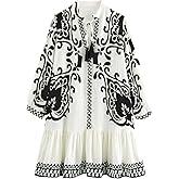 Pinclodly Womens Summer Bohemian Dress Floral Print Pleated Long Sleeve Mini Dresses Casual Button Down V Neck Beach Dress