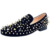 Justar Men's Leather Spikes Loafers Studded Dress Shoes Slip-on Flats Long Rivet Party Shoes