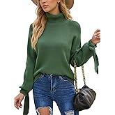 QIANZHIDU Women's Rib Knit High Neck Knot Lantern Long Sleeve Pullover Sweater Top