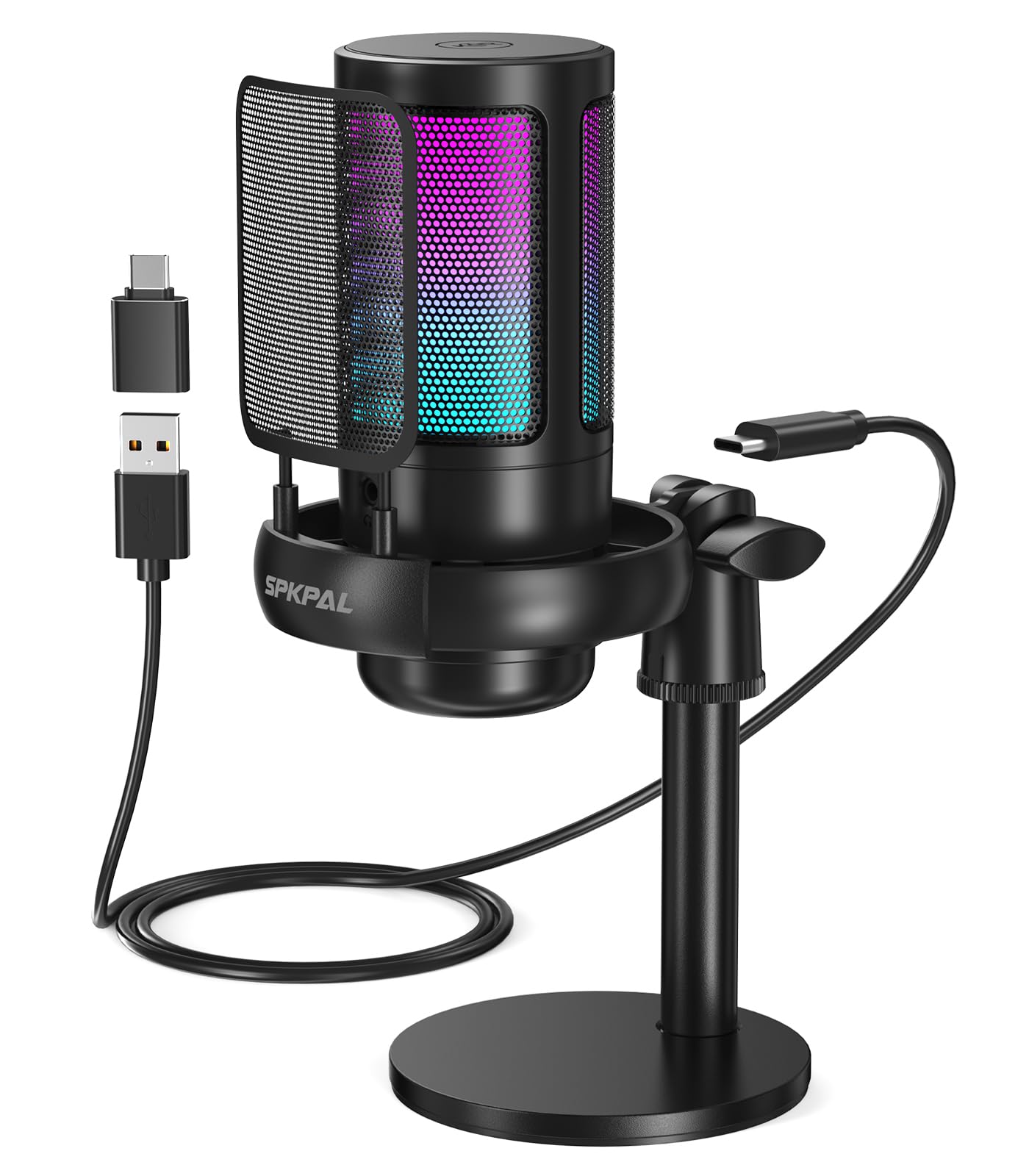 SPKPAL USB Microphone PC, RGB Gaming Mic with Mute Button, Condenser Microphone with Gain knob & Monitoring Jack for Recording, Streaming, Podcasting