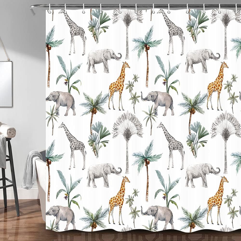 Safari Animal Shower Curtain Watercolor African Jungle Animals and Palm Tree Pattern Unisex Nursery Decor Bathroom Shower Curtain Waterproof Fabric Kids Bath Curtains with Hooks 69 x70 Inch