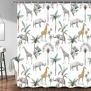 Safari Animal Shower Curtain Watercolor African Jungle Animals and Palm Tree Pattern Unisex Nursery Decor Bathroom Shower Curtain Waterproof Fabric Kids Bath Curtains with Hooks 69 x70 Inch