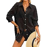 Fisoew Womens Hollow Out Swimsuit Coverup Shirt Button Down Bathing Suit Cover Ups Beachwear