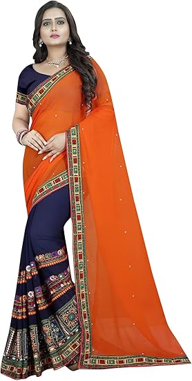 Amazon Co Jp Peegli Saree女性はオレンジデザイナーのサリーインドのスパンコールがサリーを着ジョーゼット 服 ファッション小物