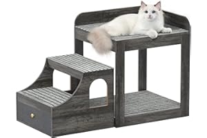 Cyclysio Pet Window Perch with Stairs, Large Pet Bunk Bed for Dogs and Cats, Multi-Level Pet Seat Platform with Mats, Pet Bed Couch with Drawers for Bedside, Home, Indoor Use, Medium Size, Grey