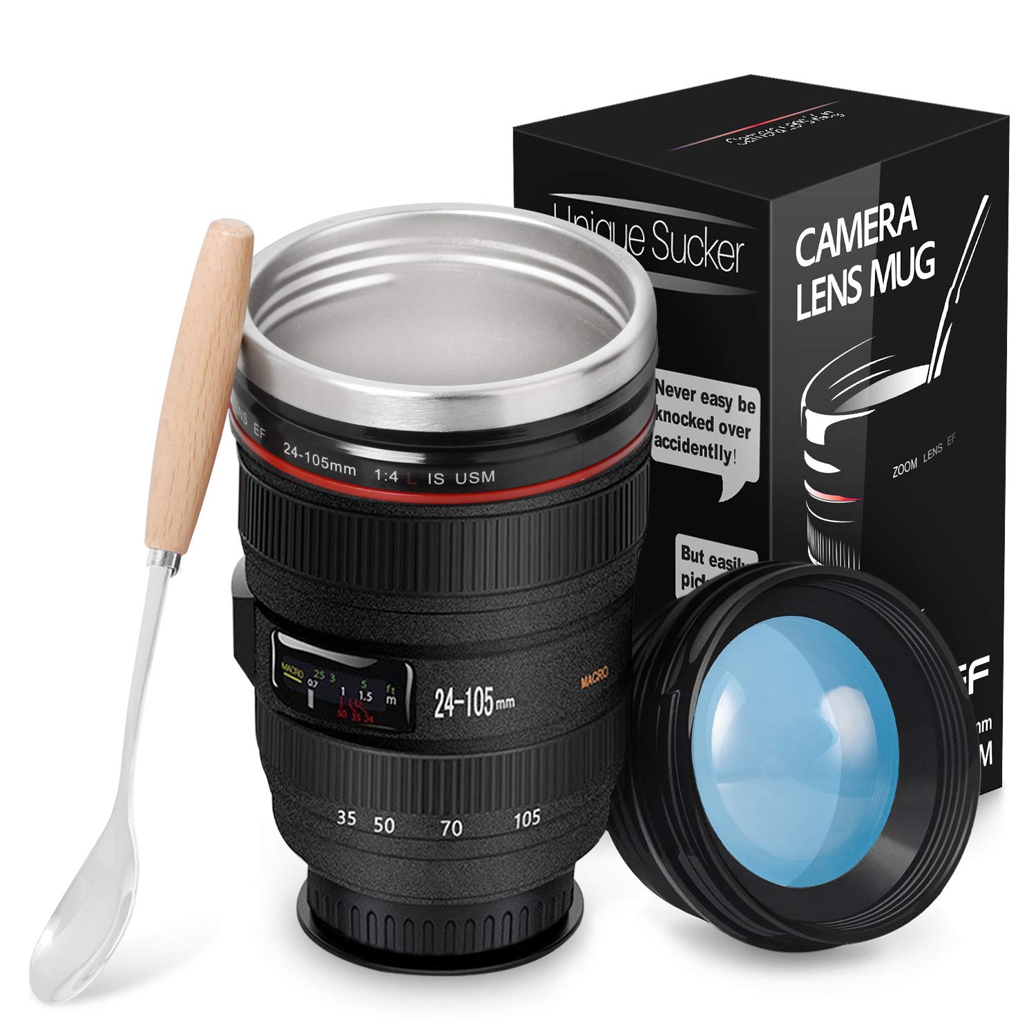 Splend Camera Lens Coffee Cup and Travel Mug, Double Wall Insulation Reusable Coffee Mugs, Food Grade Stainless Steel Coffee Mug Drink Flask Water Bottle Camera Lens Cup, 320 Milliliter Balck