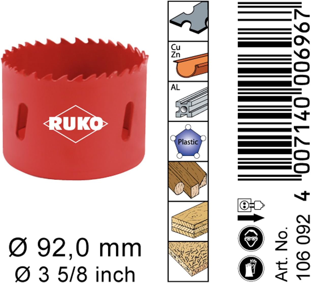 Ruko HSS Bi-Metal Hole Saw with Varied Toothing, Red Finish, 92mm Diameter, R106092, 92 mm - Image 4